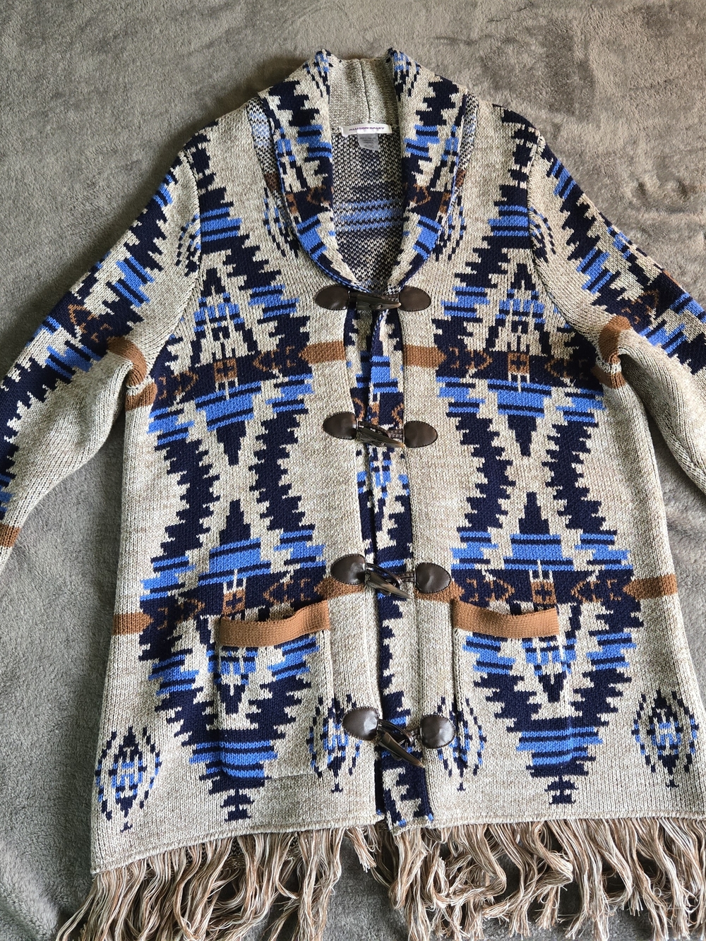 Allison Daley Blue Tan Aztec Fringed Shawl Collar Cardigan